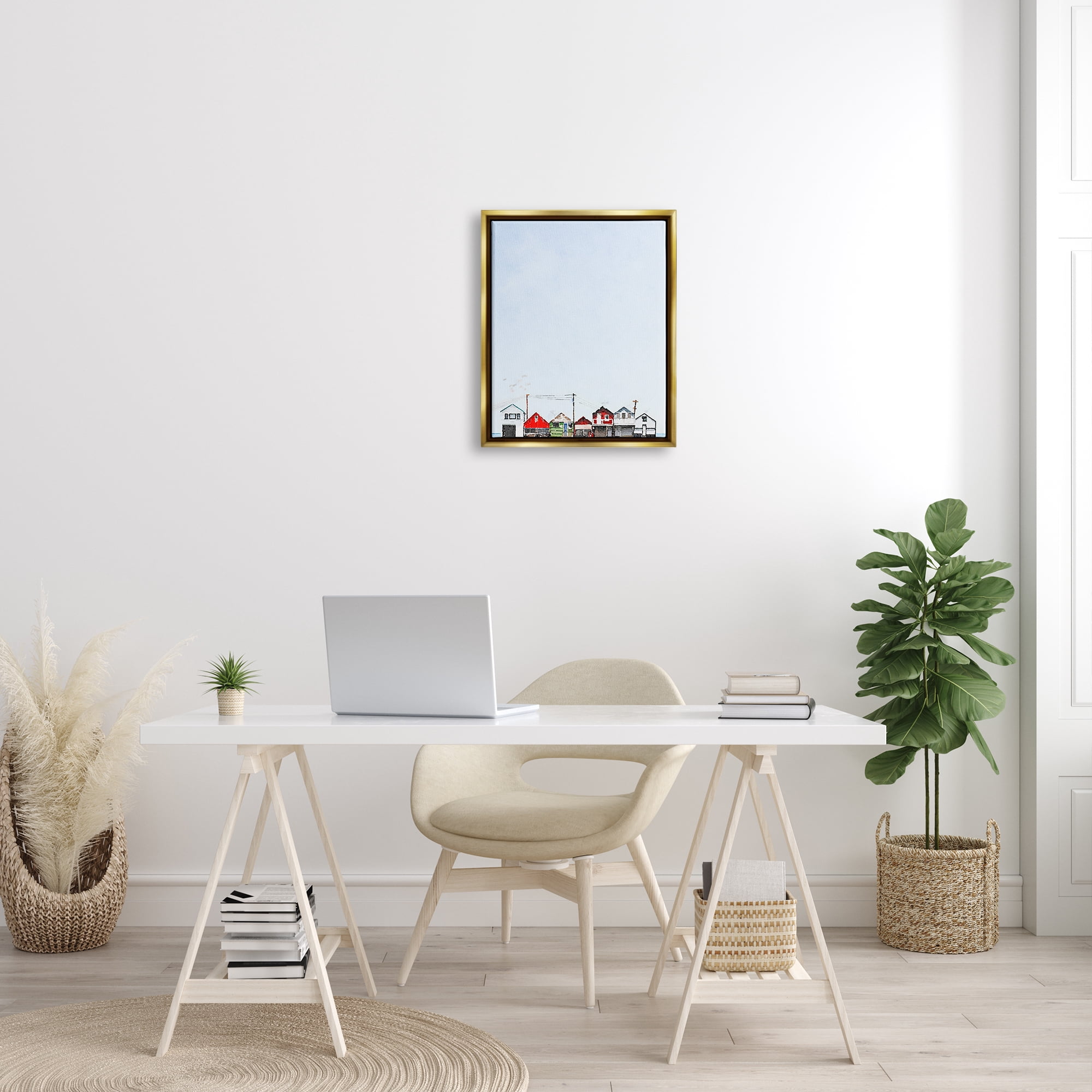 Stupell Coastal Beach Shacks Sky View Landscape Painting Gold Floater Framed Art Print Wall Art