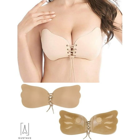 GustaveDesign Women s Strapless Invisible Bra Push Up Self Adhesive Bra Silicone Bras with Drawstring Sticky for Dess Wedding Party  Skin B Cup