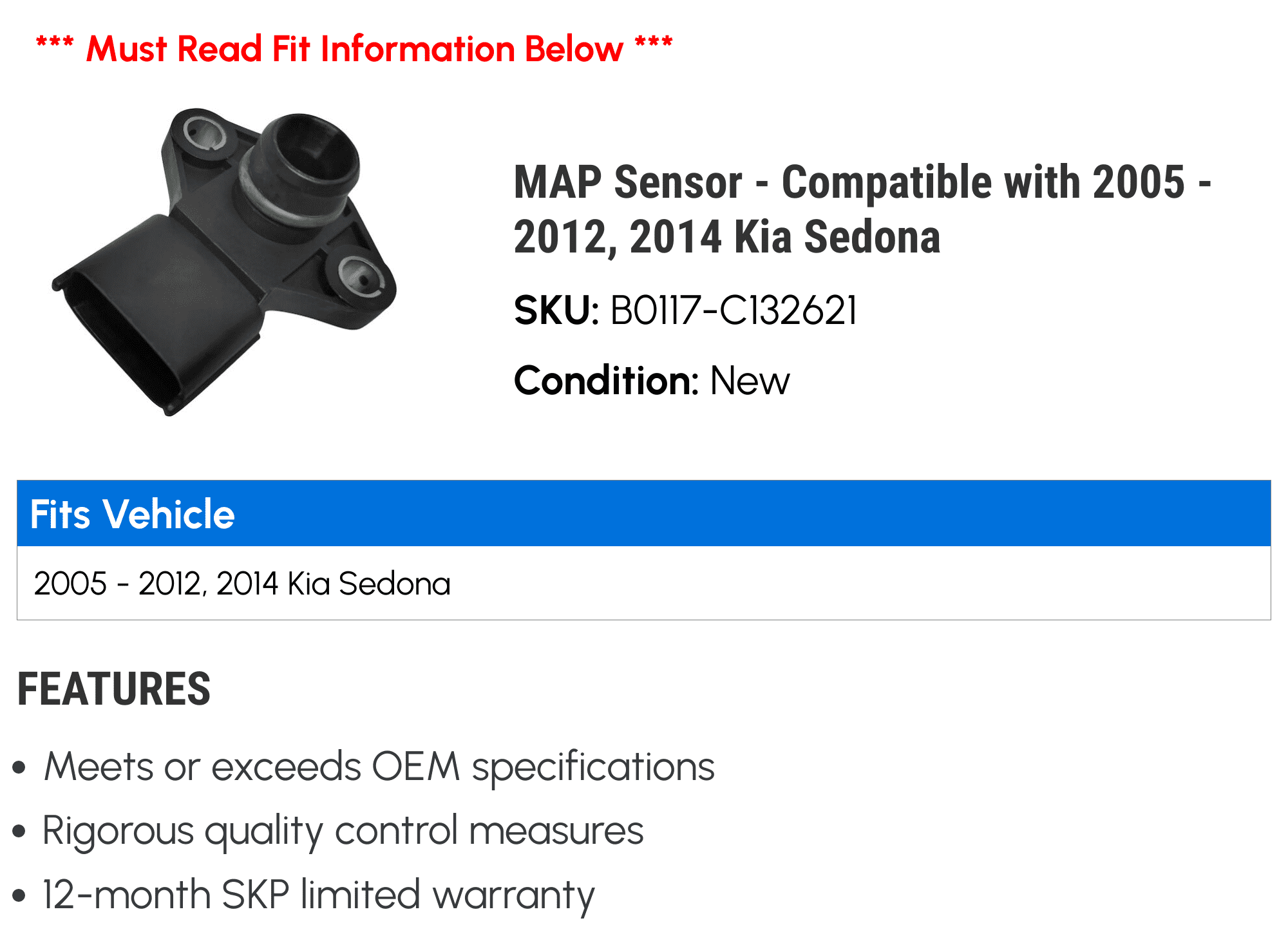 MAP Sensor - Compatible with 2005 - 2012, 2014 Kia Sedona 2006 2007 2008 2009 2010 2011