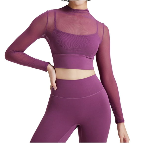 Women's Long Sleeve Mesh Yoga Set with Built-In Support Bra and High-Waist Leggings for Fitness Running Workout