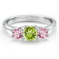 thumbnail image 3 of Gem Stone King 14K White Gold Green Peridot & Pink Lab Grown Diamond 3-Stone Engagement Ring | 1.05 Cttw | Round 5MM and 4MM | Three Stone Wedding Anniversary Promise Ring for Women (Size 7), 3 of 6