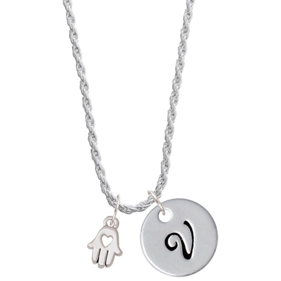 Delight Jewelry Silvertone Small Heart Hamsa Hand Silvertone Script Initial Disc - V - Charm Necklace, 20"+3"
