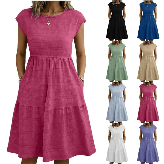 Swuxness Women's Mid-Length Dress Short Sleeve Round Neck Style Knee Length Beach