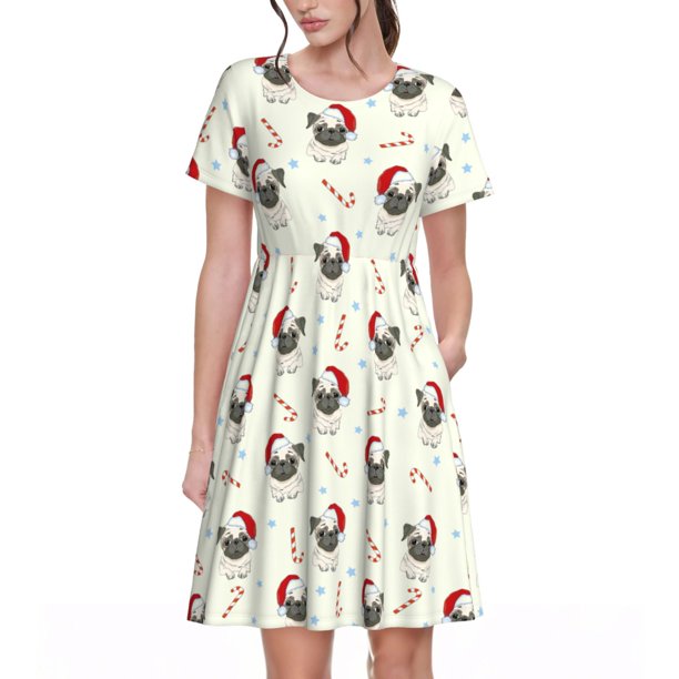 Easygdp Christmas Pug Dog para Vestido Transpirable de Mujer, Vestido Suelto de Manga Corta con Pliegues y Bolsillos para el Verano