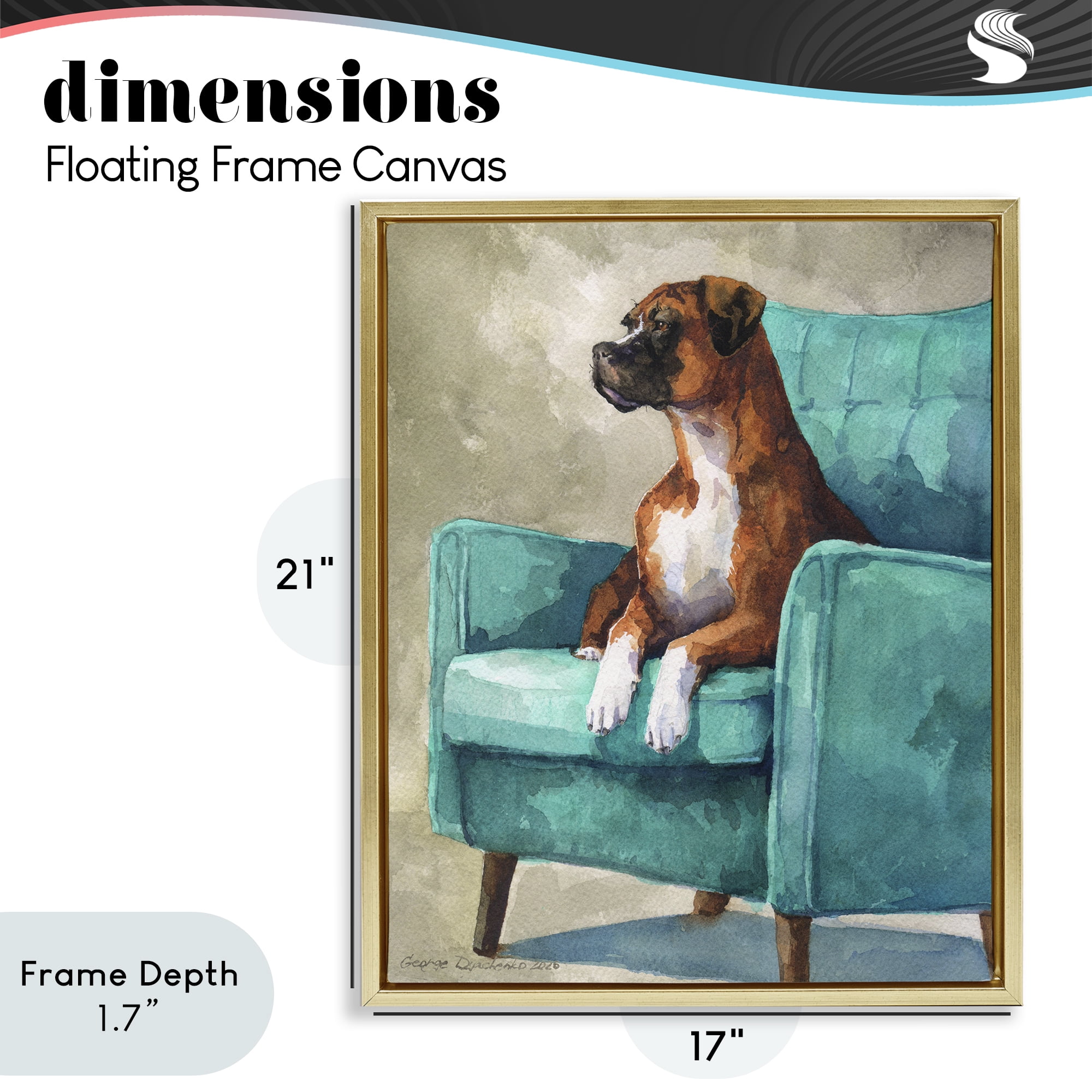Stupell Industries Majesty Boxer on Armchair Gold Framed Floater Canvas Wall Art, design by George Dyachenko