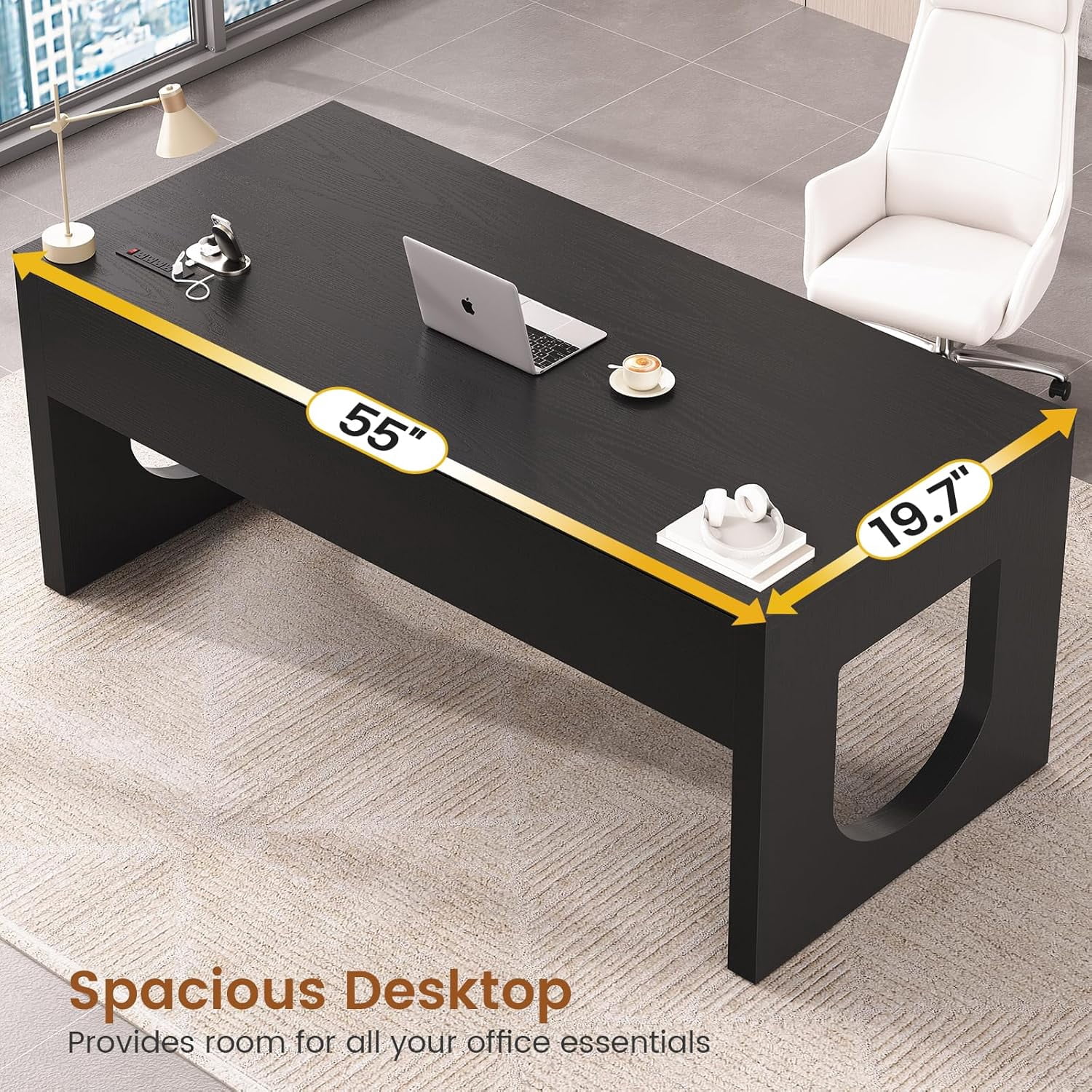 SEDETA 55" Executive Desk with 3 Drawers, Modern Office Desk with U-Shaped Legs, Wood Computer Desk with Power Outlet, Home Office Desks with Relief Texture, Black