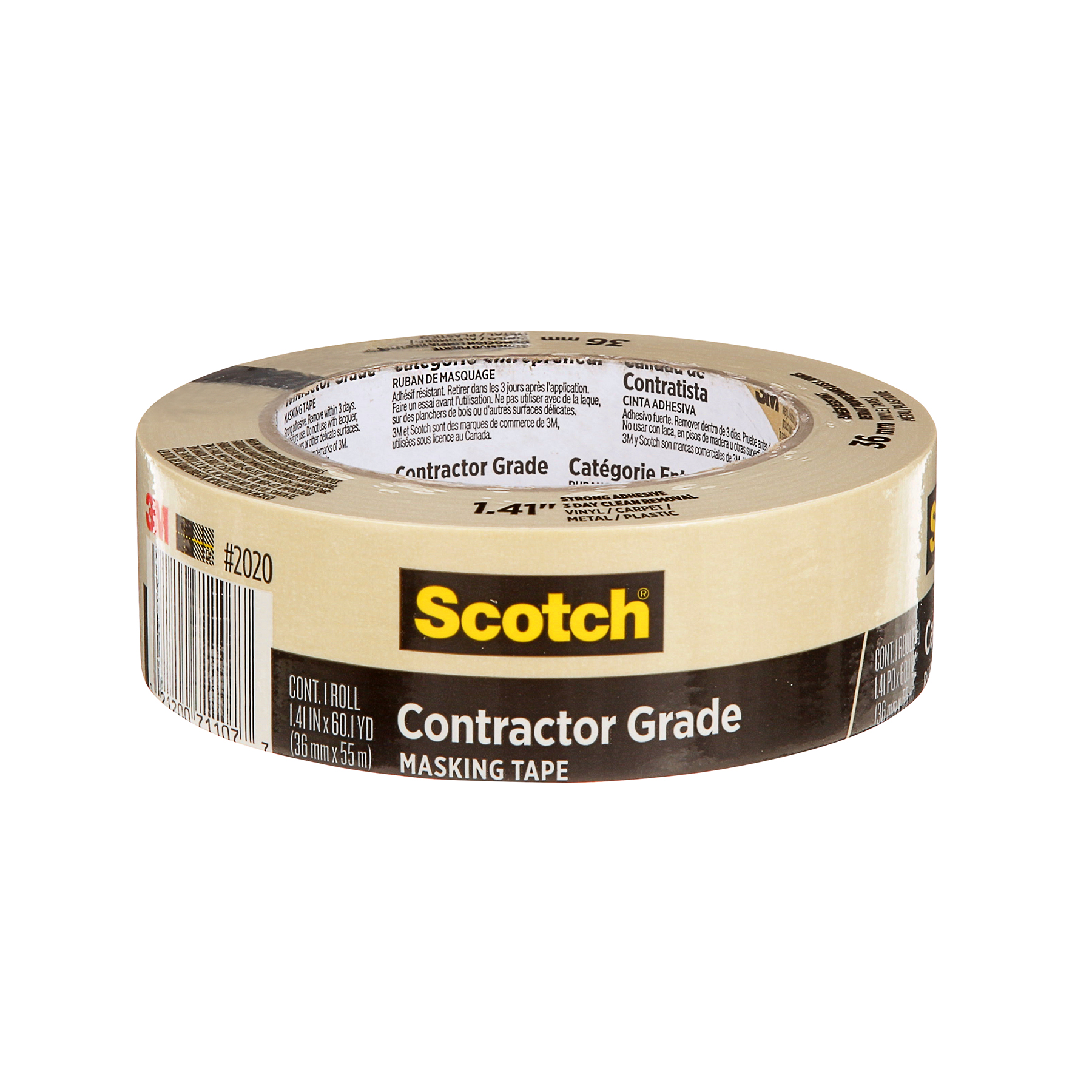 Scotch Contractor Grade Masking Tape, 1.41 in x 60.1 yd (36mm x 55m), Pack of 3