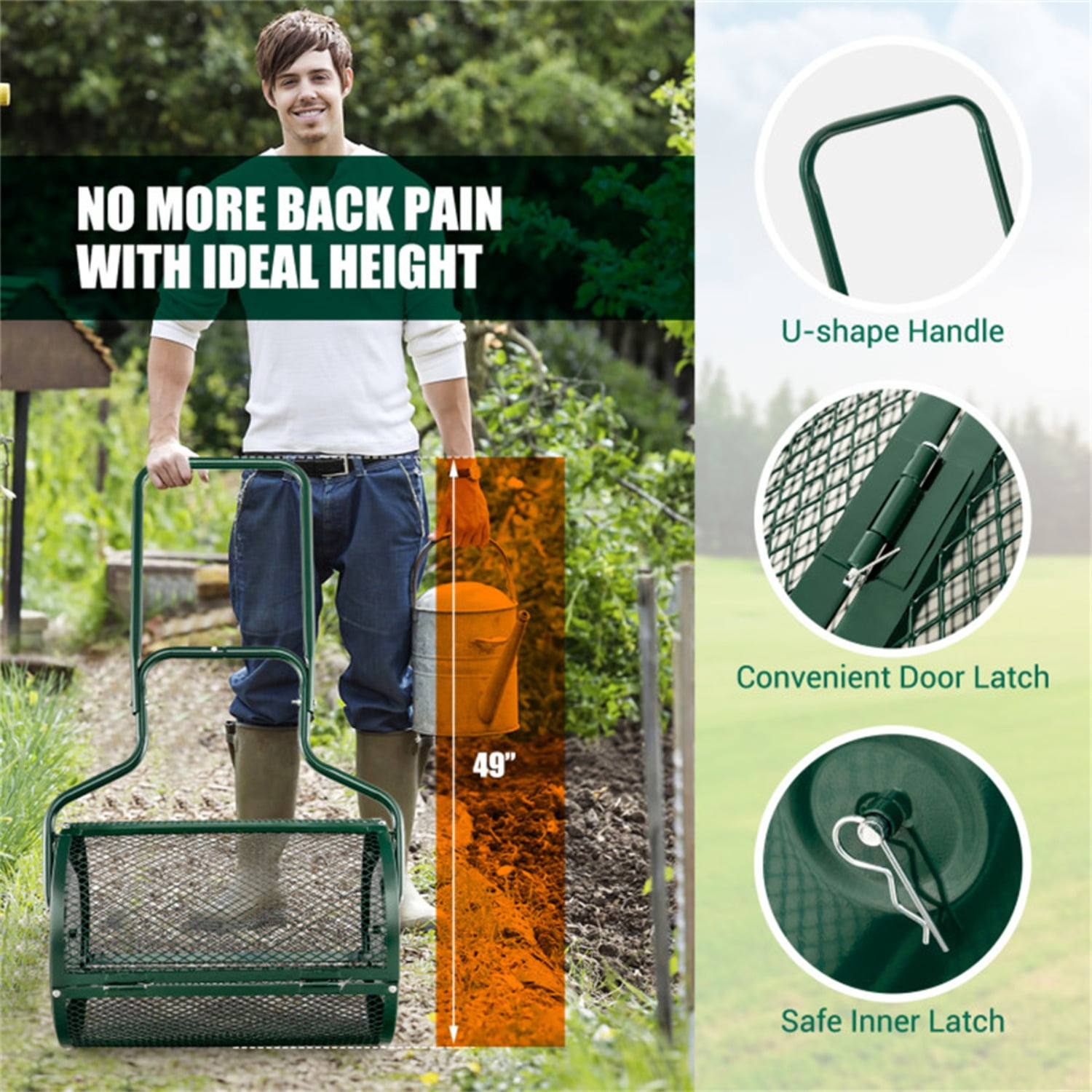 24-Inch Metal Mesh Compost Spreader with 2.7 Cu.ft Large Capacity, Heavy-Duty Rustproof Lawn Spreader for Peat Moss/Topsoil/Sand-Green