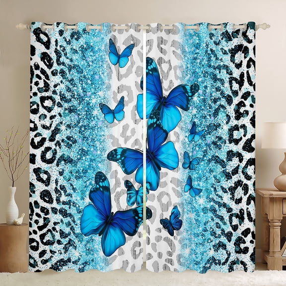 jejeloiu Leopard Pattern Blackout Curtains Set of 2 (52x84 Each),Dreamy Blue Butterfly Window Curtains,Chic Sequin Print Curtains and Drapes For Girl Kids,Microfiber Bedroom Decor