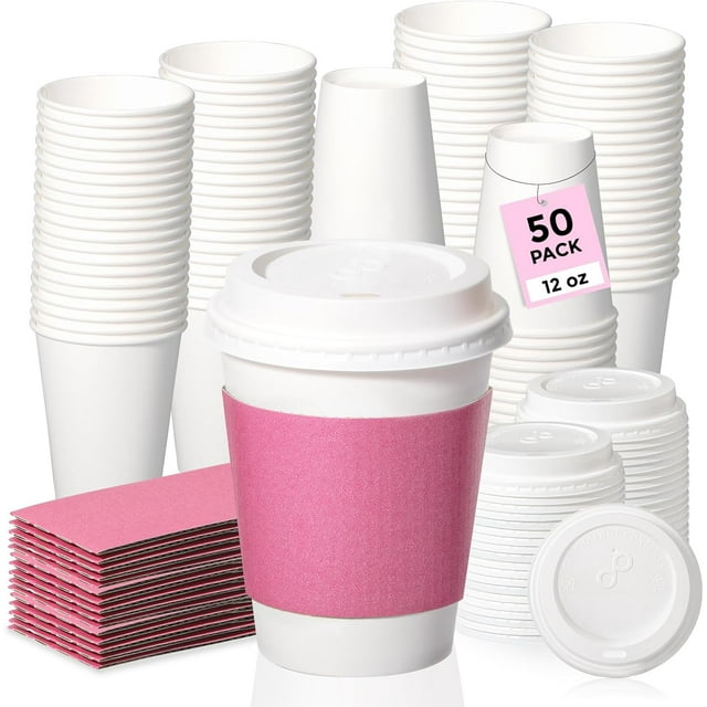 missunny-50 Pack 12 oz Disposable Coffee Cups With Lids and Pink Sleeves, Lead-Proof Sturdy To-Go Cups, Hot Paper Cups for Party, Wedding, Birthday (White Lids)