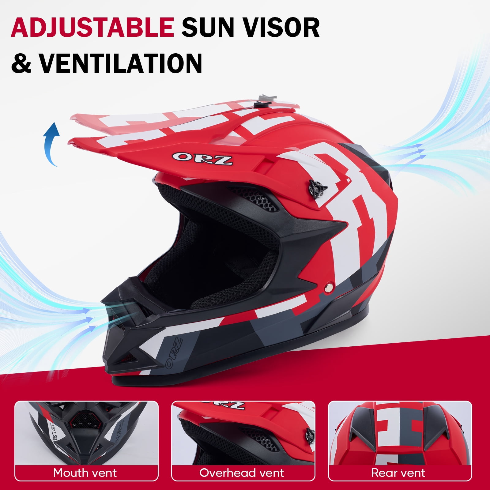 Motorcycle Full-Face Adult Helmet, DOT Approved Motocross ATV Offroad Dirt Bike Helmet, L Size, Red