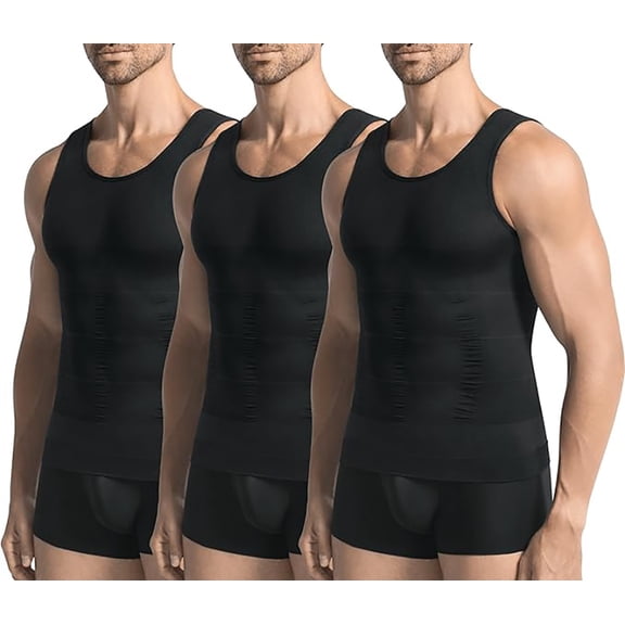 Wrong Duck 3 Pack Men’s Compression Shirt Slimming Body Shaper Tank Top, Tummy Control Workout Vest for Gym, Running, Training