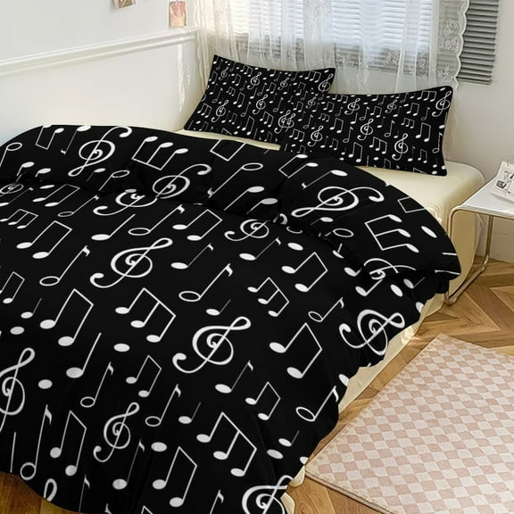 Black Music Notes Duvet Cover Set Bedding Set Polyester Quilt Cover for Bedroom Decoration