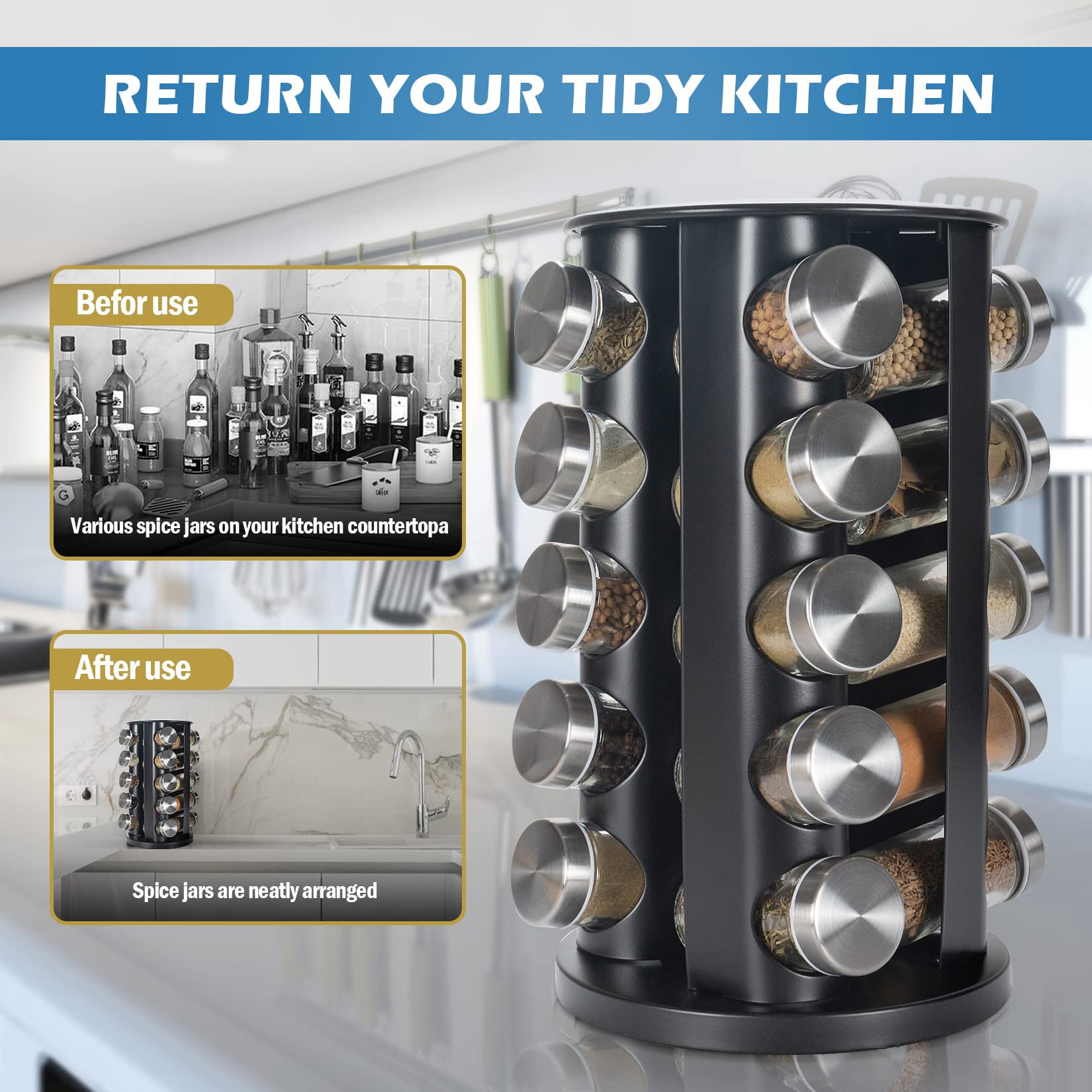 Allrecipes Revolving 20-Jar Spice Rack Tower Organizer with Free Spice  Refills for 5 Years, Brushed Stainless Steel