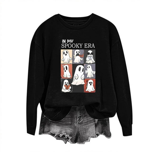 LYEAA Halloween Crewneck Sweatshirts Women Long Sleeve Regular Ribbed Cuff Tunic Oversized Casual Wear Ghost Holiday Clothes Black XL
