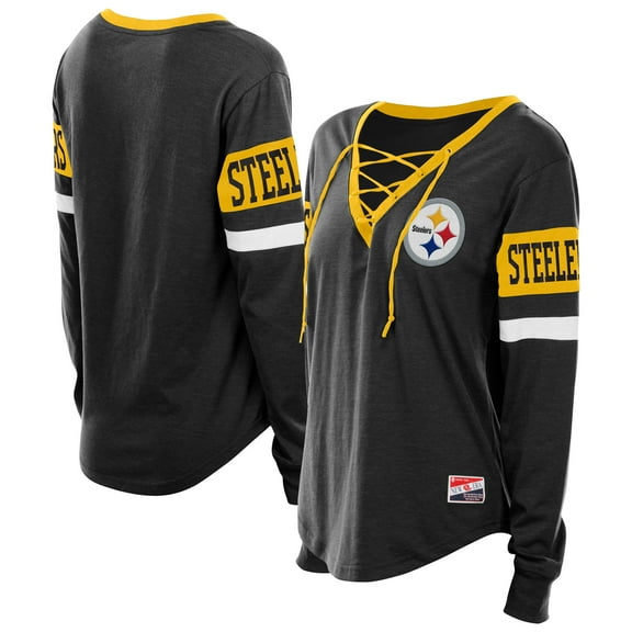 Women's New Era Black Pittsburgh Steelers Plus Size Throwback Lace-Up Long Sleeve T-Shirt