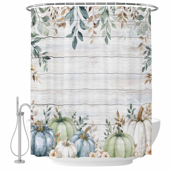 Green Blue Pumpkins Fall Shower Curtain, Waterproof Shower Curtains for Bathroom, Thanksgiving Eucalyptus Leaves Wooden Washable Fabric Bathtub Curtain Set Bath Decor with 12 Hooks Long 72"x84"