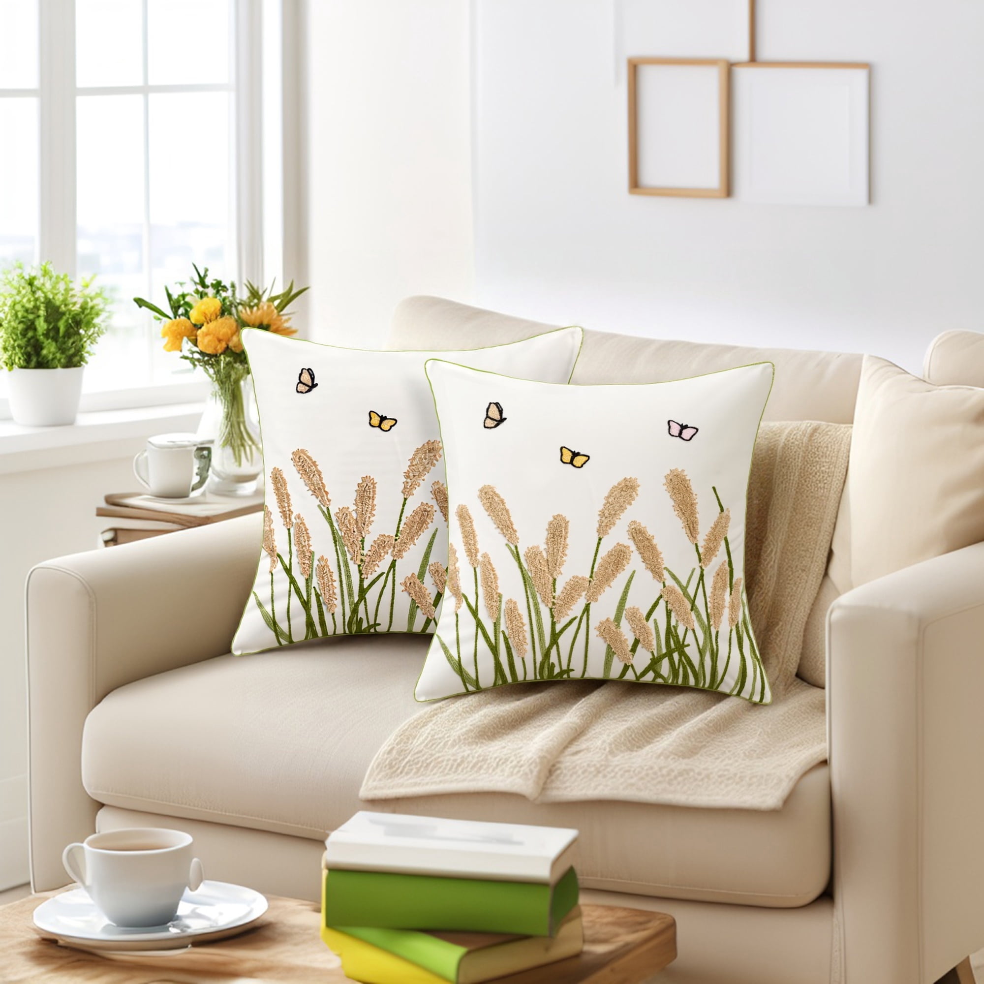 Unique Bargains Cotton Boho Plant Embroidery Soft Square Throw Pillow Covers Brown
