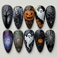 thumbnail image 3 of Press On Nails Long Almond, Halloween Ghost Pumpkin Castle Resin Fake Nails, Black Spooky Rose Spider Web Stick On False Nails, Reusable Wearable Nail Tips for Women Holiday Party Manicure,30 Pcs, 3 of 8