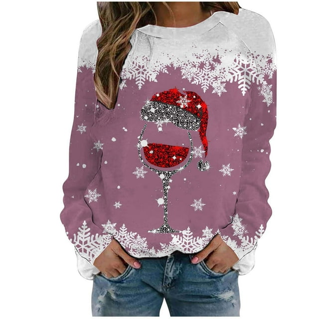 Fgnfyis Chandails en Molleton de Sport Décontractés à Manches Longues Raglan Col Rond Imprimé Flocon de Neige Rouge de Noël pour Femmes Doublé Rose Vif TTTG