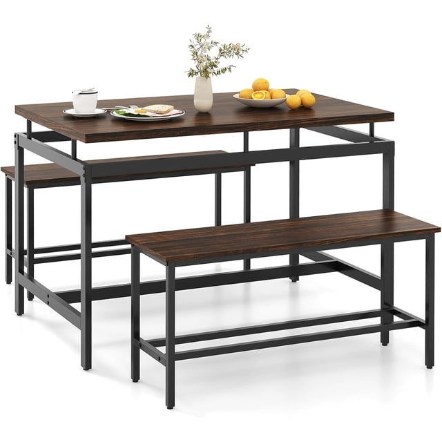 Songqin Kitchen Table Chairs Set of 3 - Dining Table Set for 4 with 2 Benches, Metal Frame, Space-Saving Dinette Table Set for 4, Small Places Breakfast Nook Table Set, Kitchen Table Set, Brown