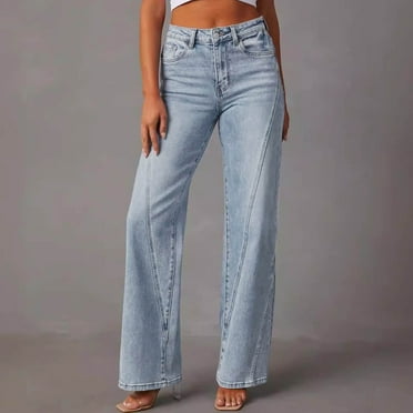 Women's Jeans High Rise Staright Leg Fashionable Elastic Straight-Leg High-Waisted Pocket Full Length Pants Jeans