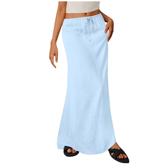 MGDXOX Womens Cotton Linen Maxi Skirt Elastic Drawstring Waist Mermaid Hem Flowy Skirt Casual Summer Skirt for Beach Vacation Light Blue XL