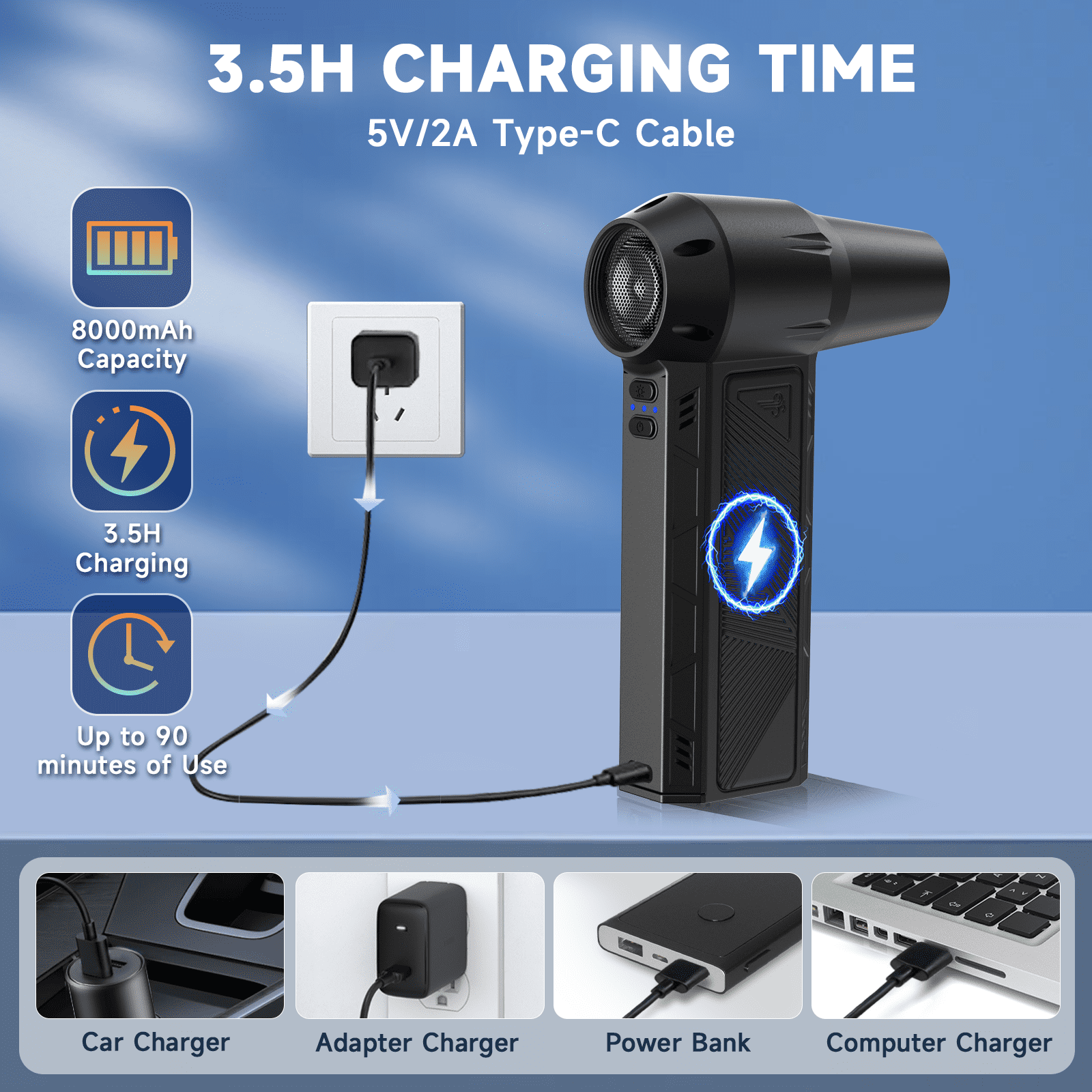 AYEDLOE Air Duster - 150000RPM Compressed Air Duster with suction and blowing function and Lighting, Usb Electric Air Duster for PC, Keyboard, Car, Outdoors, Home, black