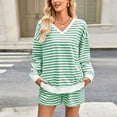 thumbnail image 2 of HAiming Women 2 Piece Striped Sets Outfits Long Sleeve V Neck Pulover Sweatshirt and Shorts Sweatsuit with Pockets, 2 of 8