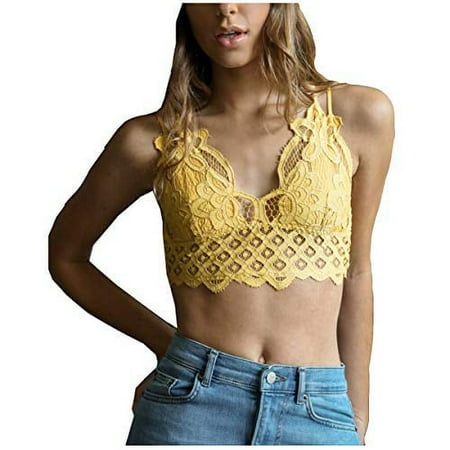 TD Collections Women s Floral Lace Bralette Removable Padded Wirefree Longline Bra Bustier (Sunburst  Medium)