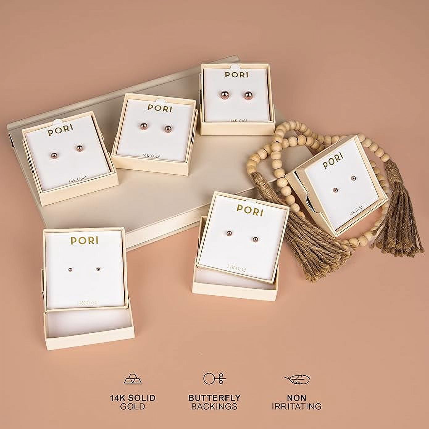 Pori 14K Solid Rose Gold Ball Stud Earrings for Women