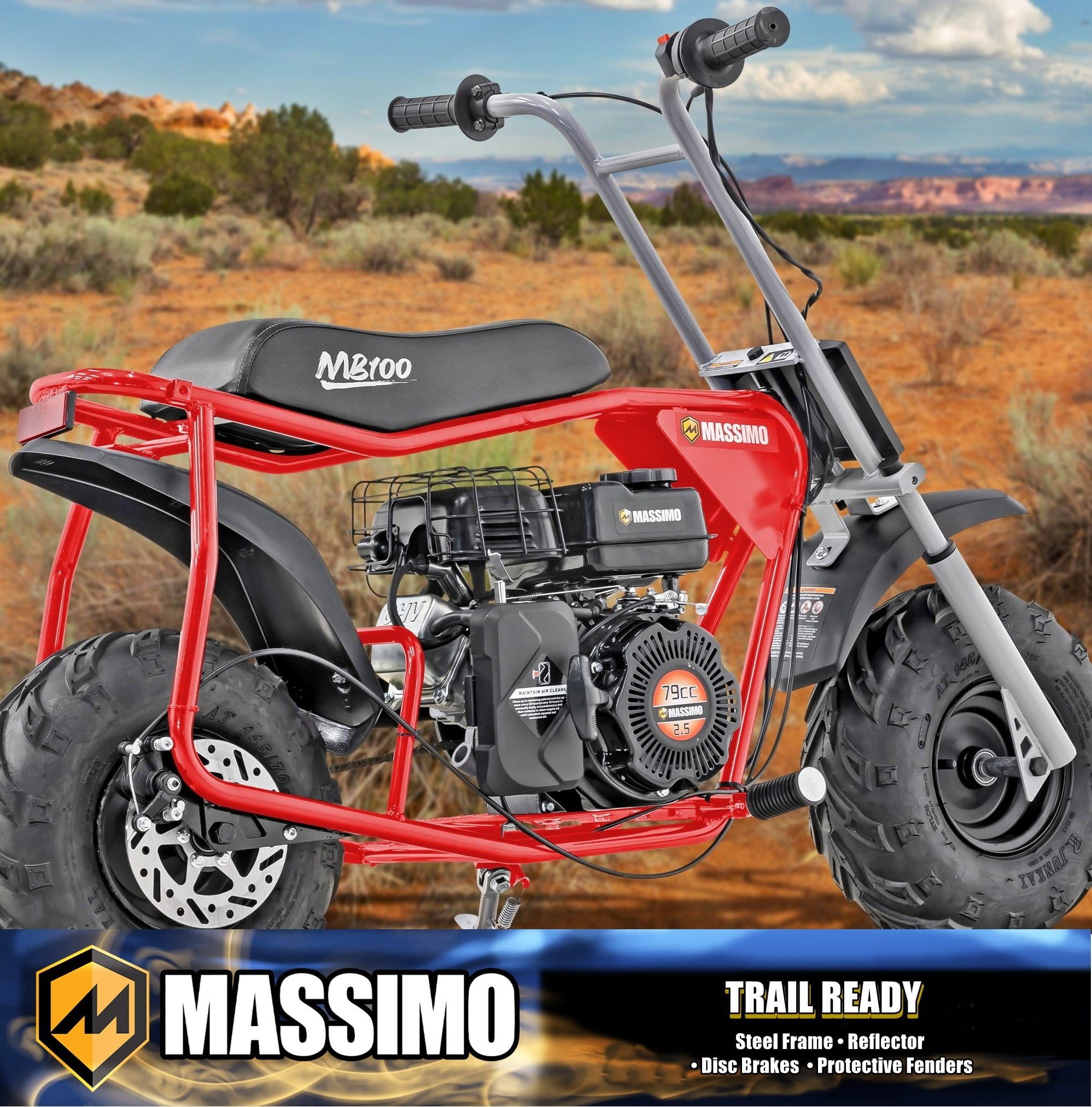 Massimo MB100 Minibike 79cc 2.5HP, Gas Powered, Trail Bike, Pocket Bike - Red