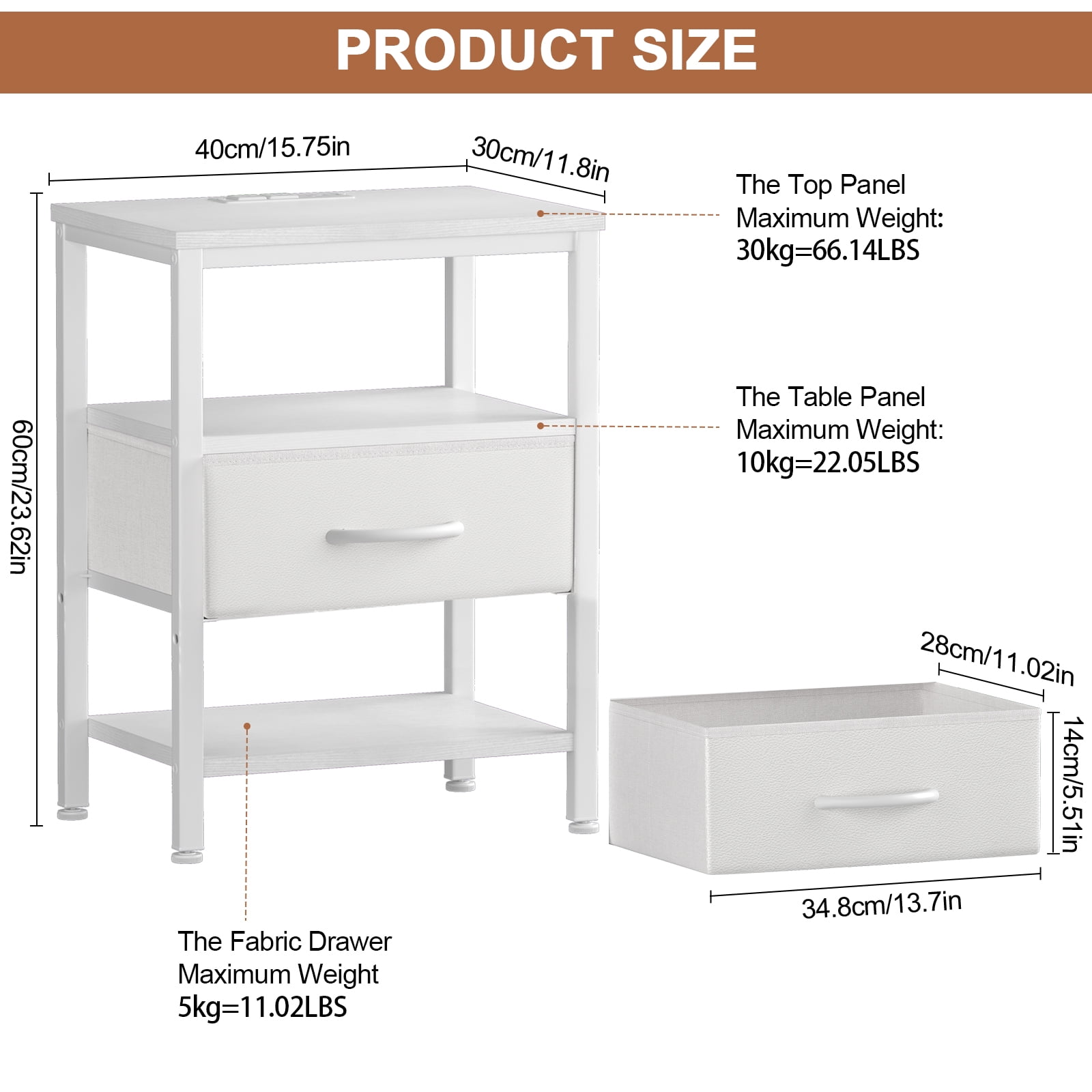 Beddle Nightstand with Charging Station, LED Bedside Table with 1 Fabric Drawer, 3-Tier End Table for Bedroom, Living Room, White