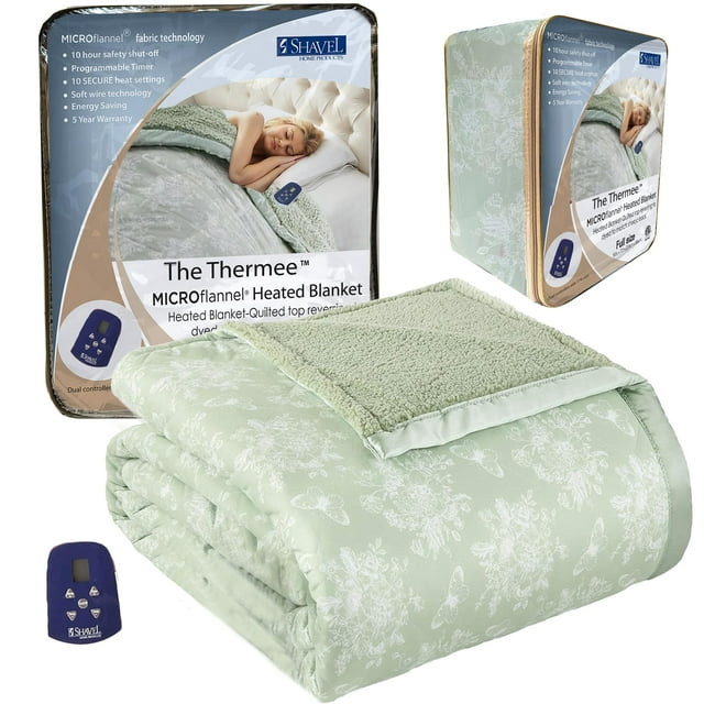 Thermee Micro Flannel Heated Blanket With Sherpa Back, 10-Setting Electric Full Size, Programmable, Ultra-Soft Throw, Heating Thermal - Toile Celery Green