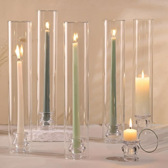 、 Hurricane Glass Candle Holders - Set of 6 Candlestick Holders for Taper Candles with Windproof Cylinder Covers 14" Tall Clear Glass Chimney Cover for Wedding Table Centerpiece Home Decor