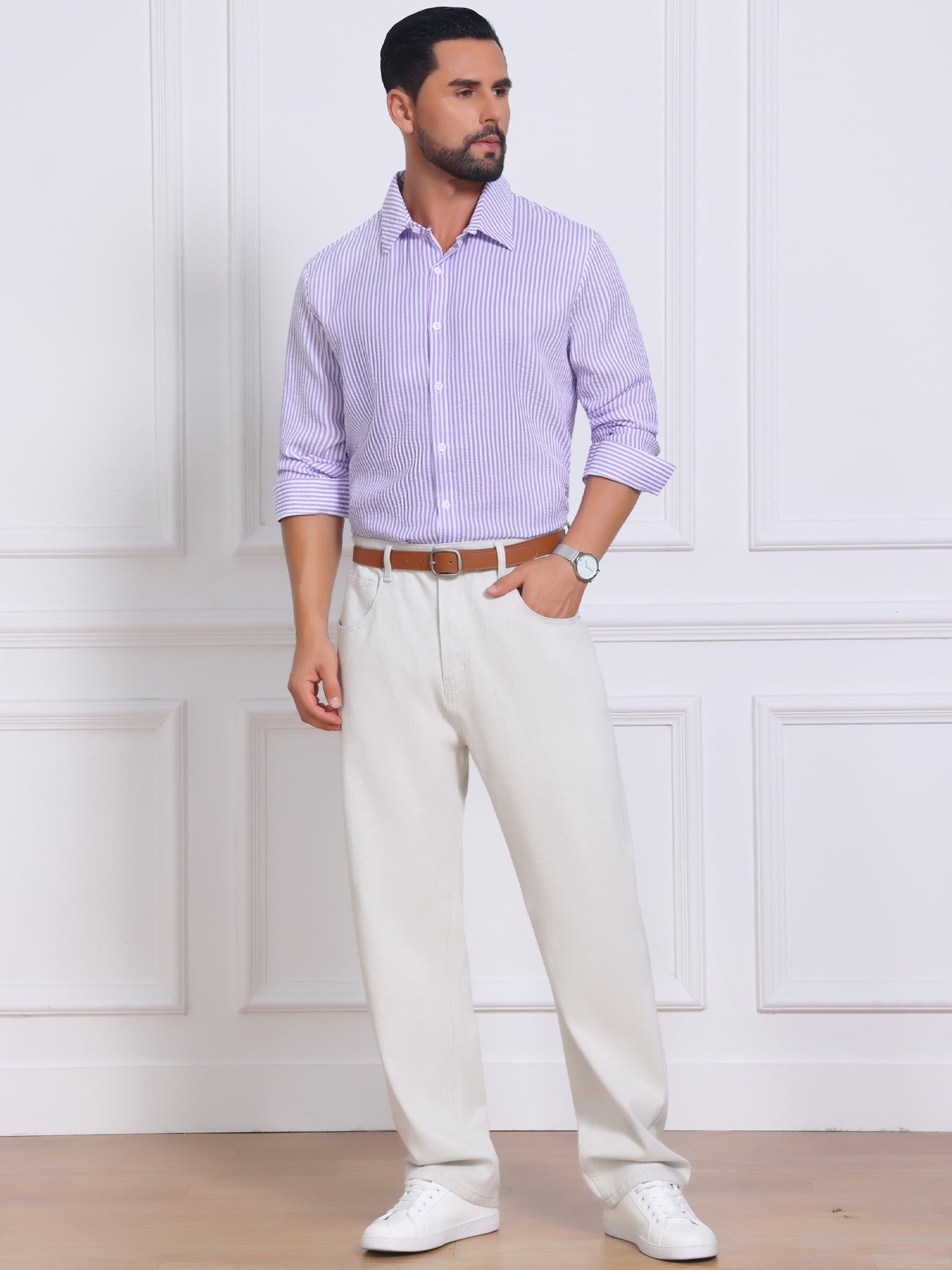 DARING DIVA Men's Seersucker Long Sleeve Button Down Textured Striped Shirts 2XL Purple
