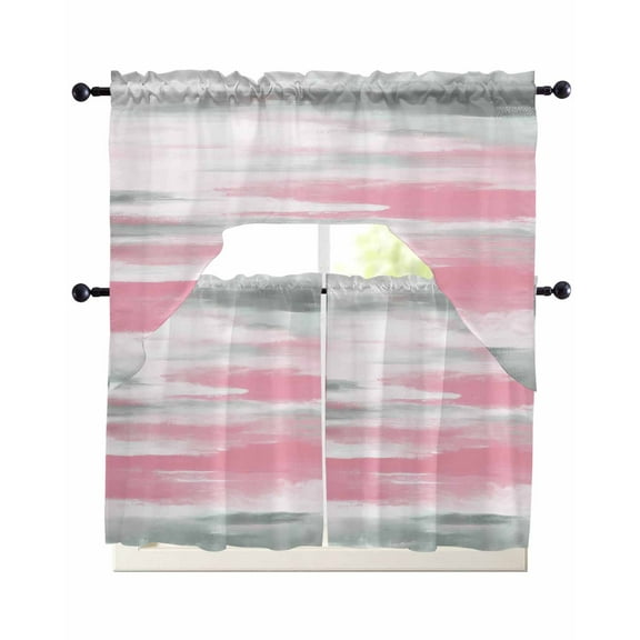 Pink Gray White Kitchen Curtains Sets 24 Inch Length with Valance, Contemporary Simple Abstract Mottled Swag Valances and Tiers Curtain Set Drapes Swag Curtains for Living Room, Bathroom, Bedroom