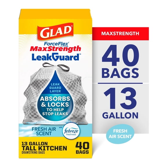 Glad ForceFlex MaxStrength LeakGuard Tall Kitchen Trash Bags, 13 Gallon, Fresh Air, 40 Count