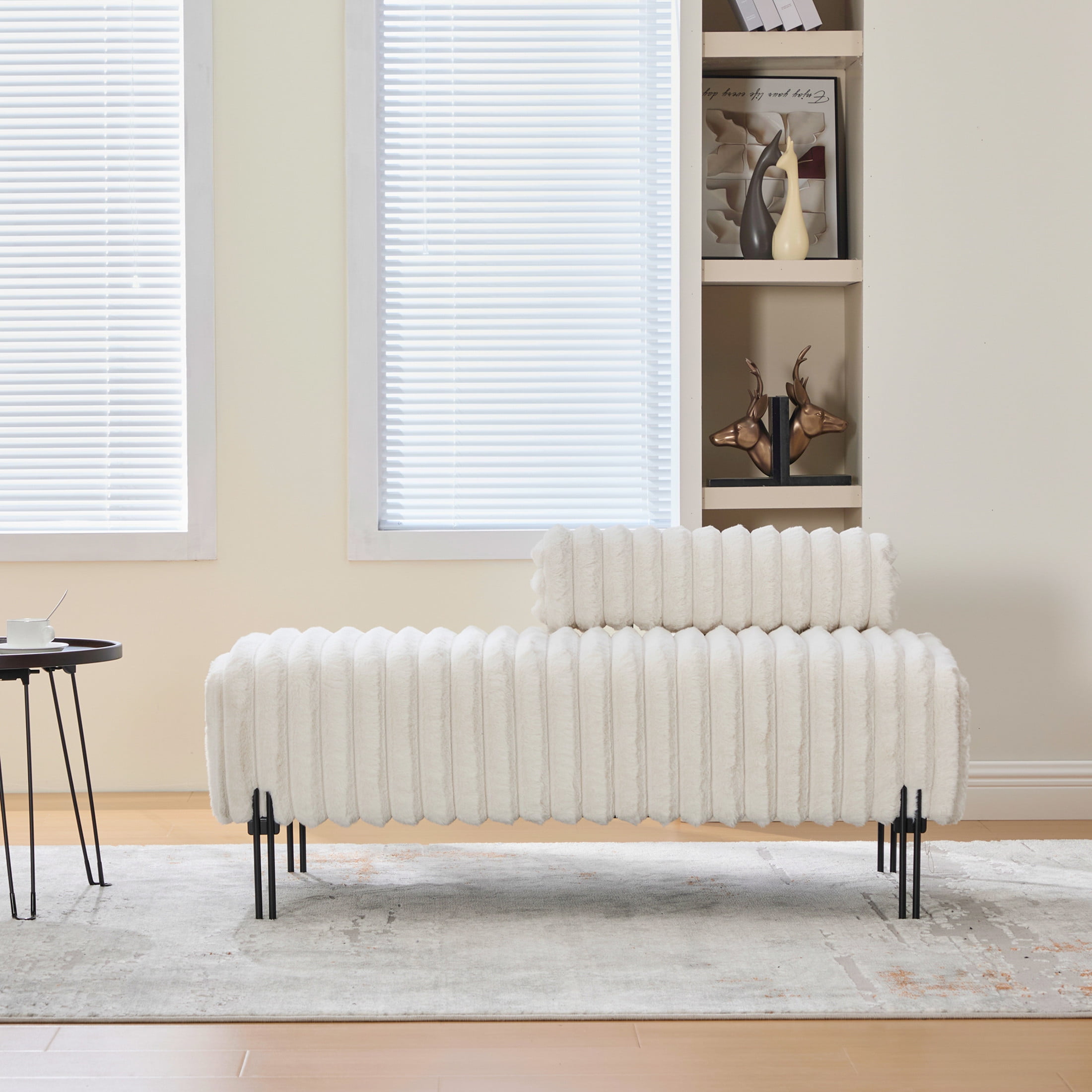Noble House Fenton 49.6" Faux Fur Mini Loveseat, Adjustable Back Wide Bench with Metal Legs for Small Spaces, Beige