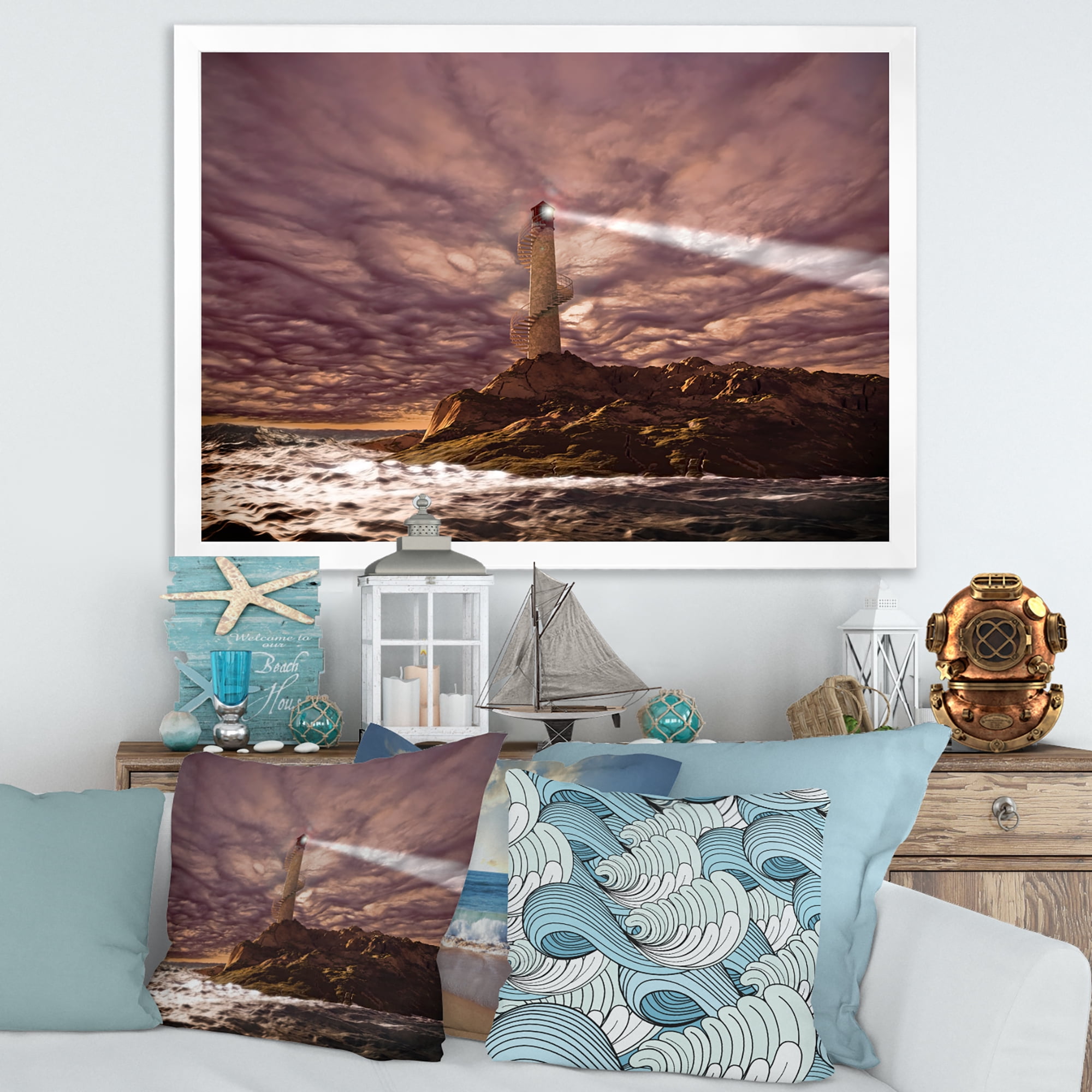 Lighthouse Shining Light During Stormy Clouds Night I 32 in x 24 in Framed Painting Canvas Art Print, by Designart