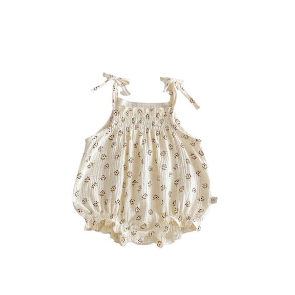 Tisuna Baby Summer Romper Floral Print Sleeveless Suspender Bodysuit Soft Lightweight Girls Daily Jumpsuit Size 0-3 Months Beige