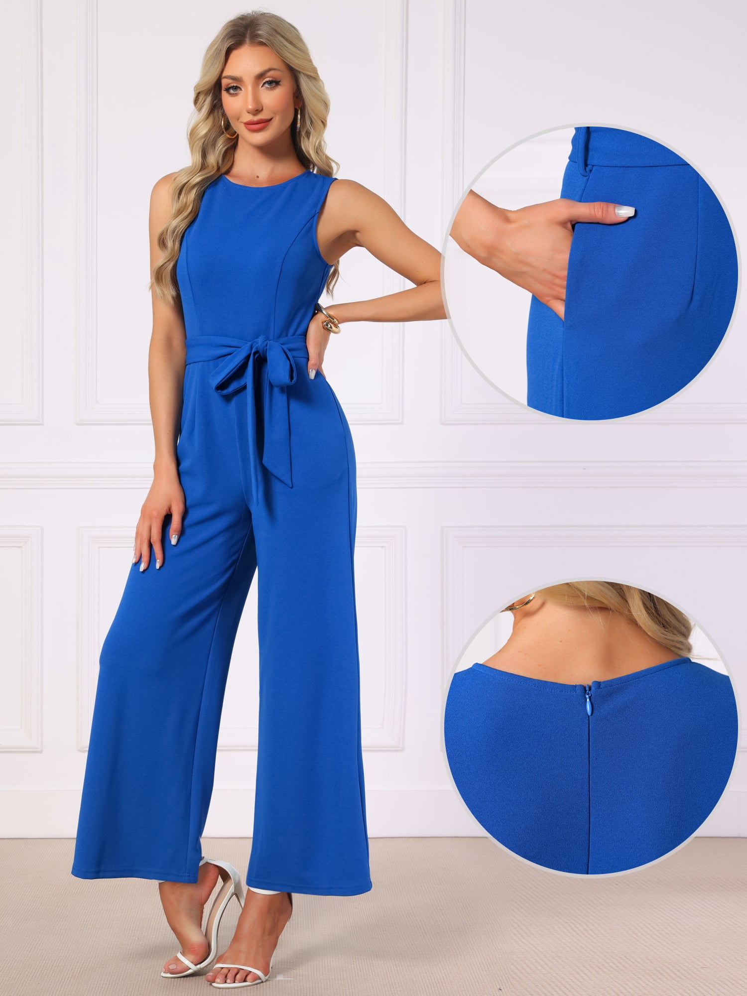 DARING DIVA Women's Jumpsuit Sleeveless Crew Neck Outfits Belted Wide Leg Pants XL Blue