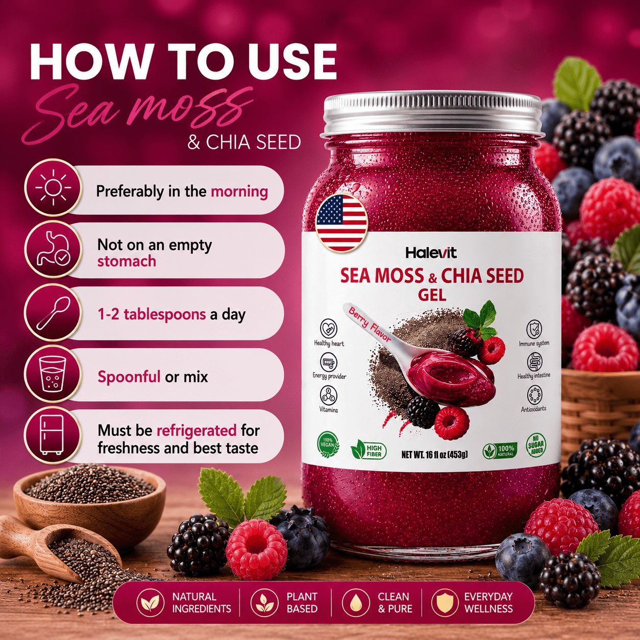 Halevit Wildcrafted Irish Sea Moss Gel, Raw Sea Moss Supplement with Chia Seeds, 32 Oz, Berry Flavor 2