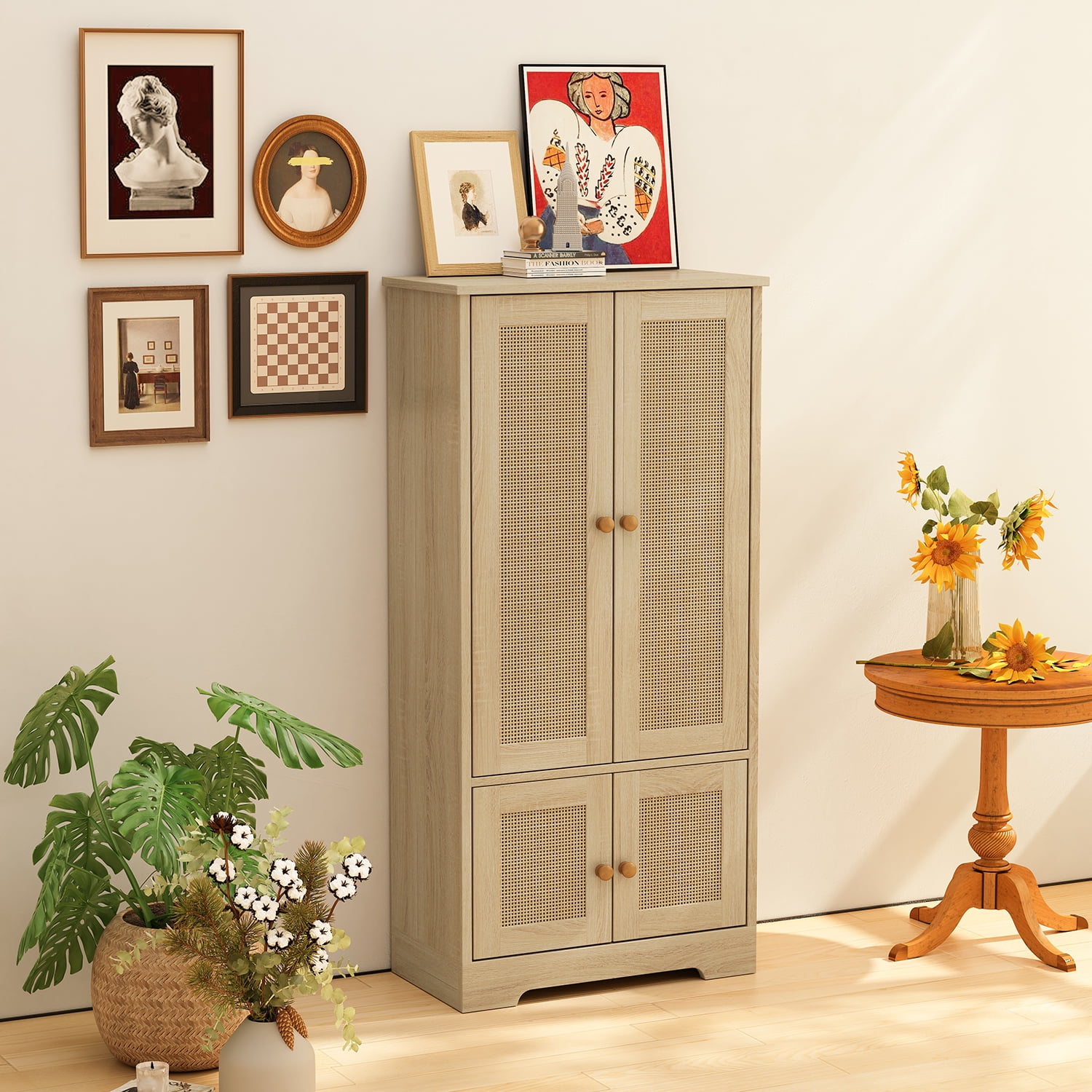 Kadyn 4-Door Rattan Decorative Storage Cabinet, Kitchen Pantry Cabinet with Doors, 47.5" Tall Storage Cabinet for Bedroom, Natural