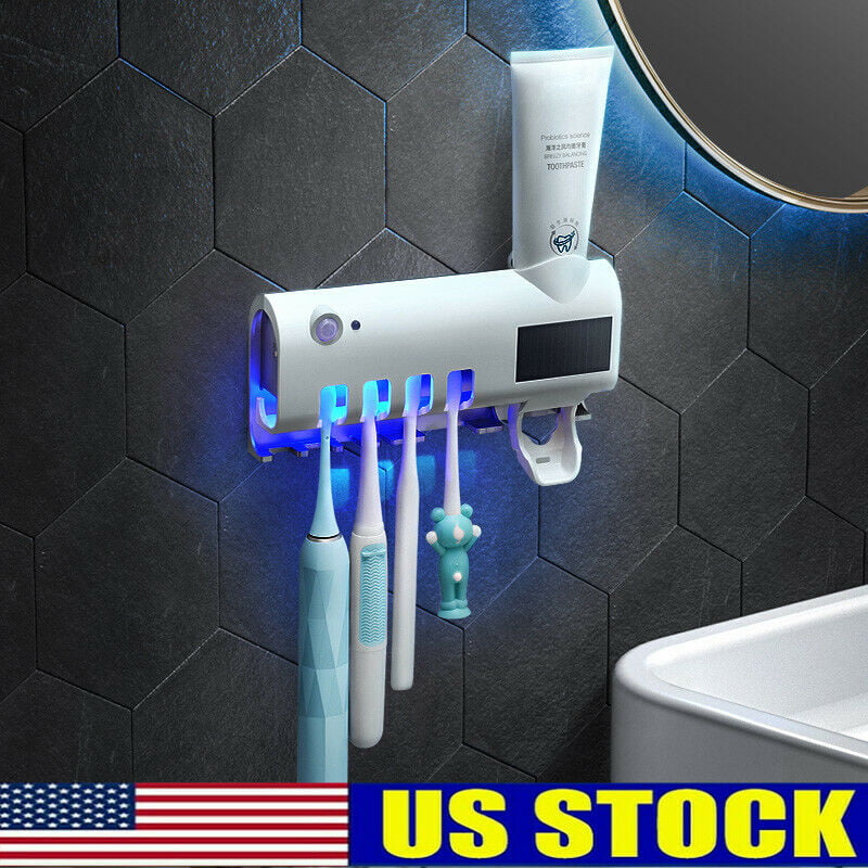 UV Light Toothbrush Holder Sterilizer Cleaner+Automatic Toothpaste Dispenser US