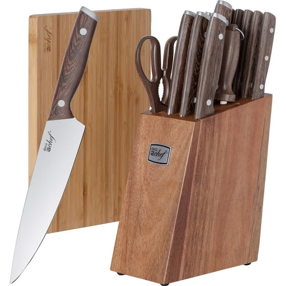 Open Box Deco Chef 16-Piece Kitchen Knife Set Stainless Steel with Wood Handles, 8" Chef Knife, 6.5" Cleaver, 8" Bread Knife, 8" Slicing Knife, 4.5" Paring Knife, 6pcs Steak Knives, and More
