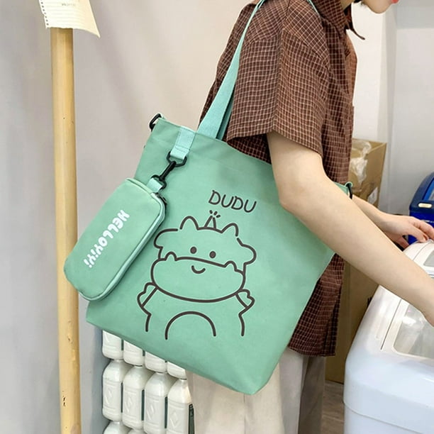Canvas Tote Bag Bear Pattern Adjustable Strap Large Capacity Cute Kids Crossbody Bag for School