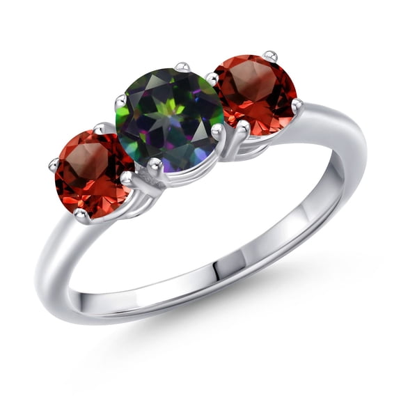 Gem Stone King 925 Sterling Silver Green Mystic Topaz and Red Garnet Engagement Ring for Women | 2.10 Cttw | Round 6MM | Gemstone November Birthstone | Size 8