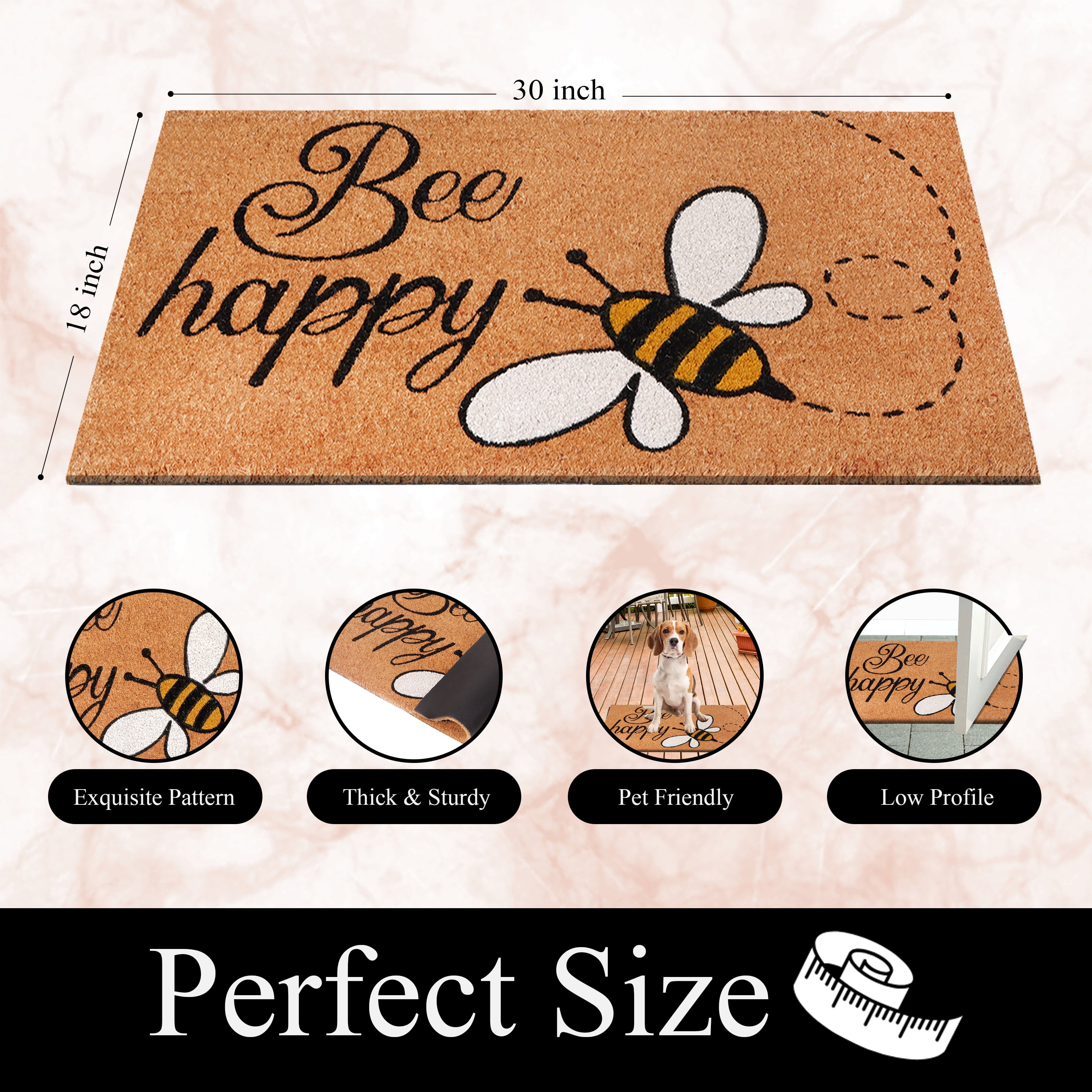 A1HC Natural Coco Coir Doormat, Bee Happy, 18"x30", Durable Outdoor Welcome Mat, Non-Slip, Easy to Clean, Pet Friendly