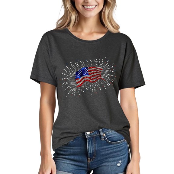 Xdegoge 4th of July Patriotic American Flag T Shirt for Women Sparkly Rhinestone Graphic Tee Short Sleeve Crewneck Casual Loose Fit Independence Day Summer Tops